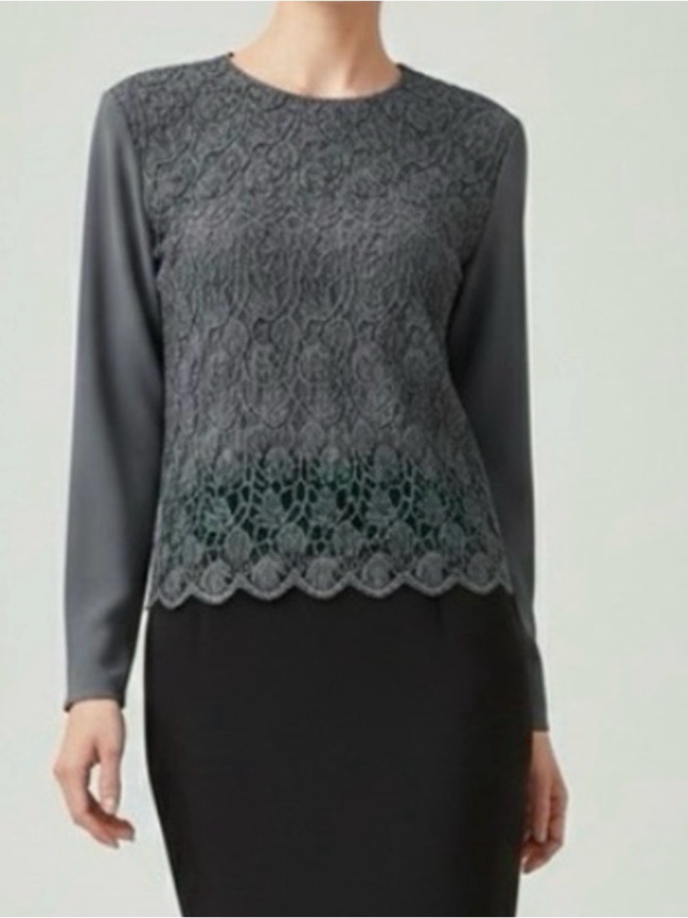 BIBA Pariscop Women’s Gray Lace Blouse Solid Long Sleeve‎ Vintage Top